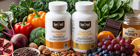 Level Formula Resveratrol and Complete Multivitamin capsule bottles surrounded by fresh vegetables, fruits, nuts, dark chocolate, and honey.