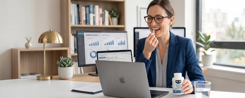 Professional woman taking Level Formula Cognitive Support capsule at her office