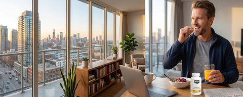 Man having breakfast with city view, taking Level Formula Omega-3 supplement