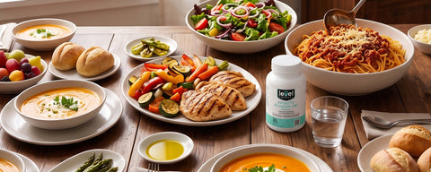 Level Formula probiotic bottle on a wooden table with grilled chicken, roasted vegetables, salad, spaghetti, soup, and bread rolls.