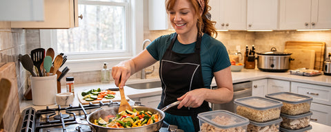Smiling woman in an apron sautéing colorful vegetables in a skillet, with meal prep containers on the counter of a bright kitchen.