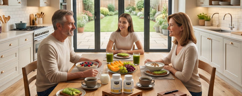 Family having breakfast in kitchen with Level Formula supplement bottles on table