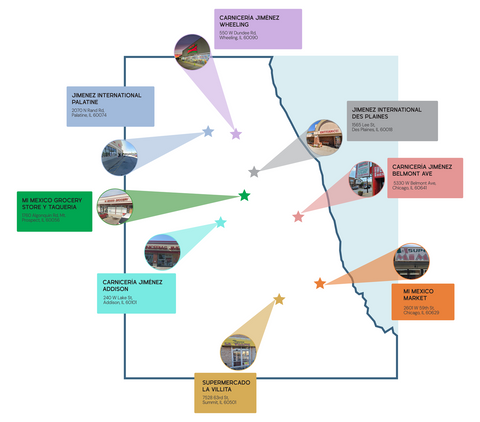 Map of Level Formula retailers in Chicago: Mi Mexico Market, Jimenez Market, La Villita
